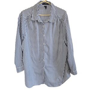 Denim 24/7 Womens 1X Navy White Striped Button Down Long Sleeve Shirt 30-3194-5
